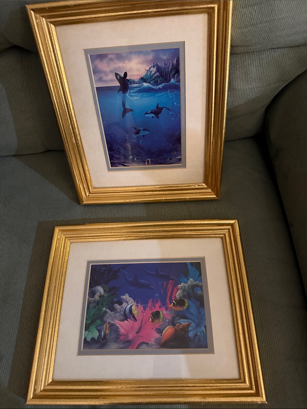 Gold Framed Ocean Art Print - Blue & Pink Seascape - 11.5” x  9.5”